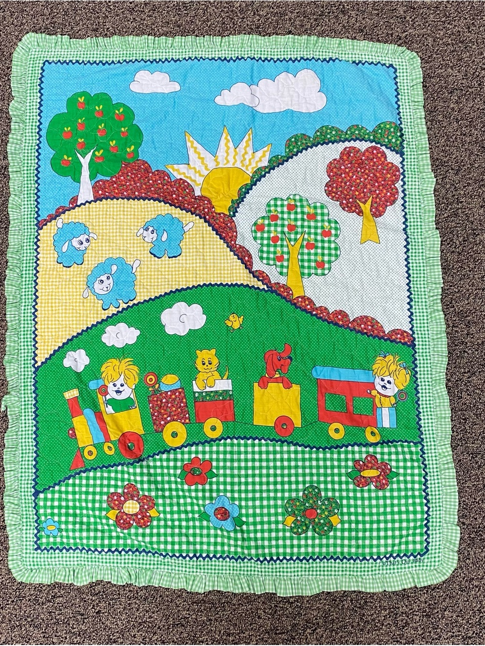 Vintage Baby Quilt Trains Primary Colors- Green Gingham That’s Our Baby